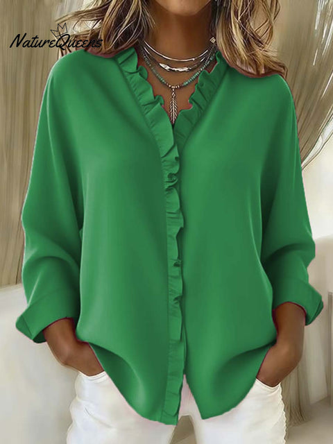 Women's Solid Color Casual Cotton And Linen Ruffle Shirt