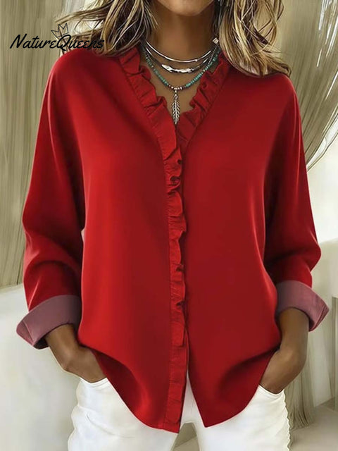 Women's Solid Color Casual Cotton And Linen Ruffle Shirt