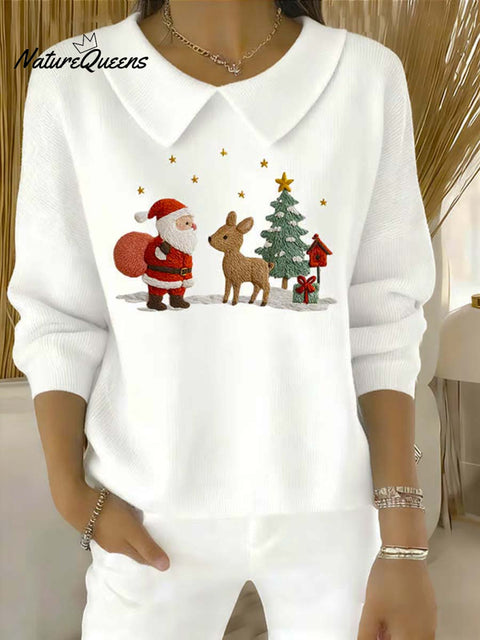 Women's Christmas Pattern Art Casual Peter Pan Collar 3/4 Sleeve Sweater