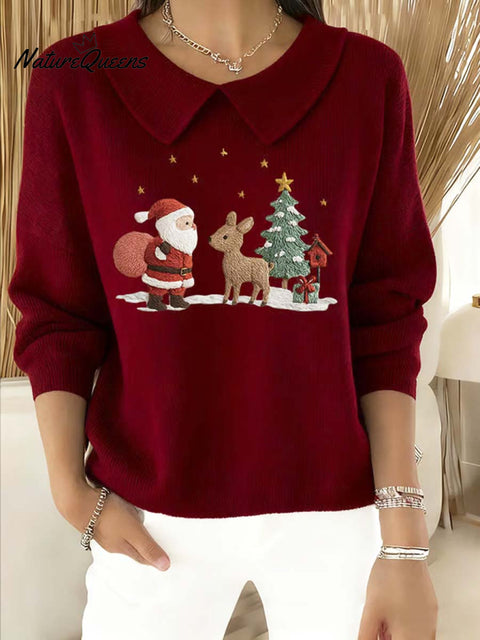 Women's Christmas Pattern Art Casual Peter Pan Collar 3/4 Sleeve Sweater