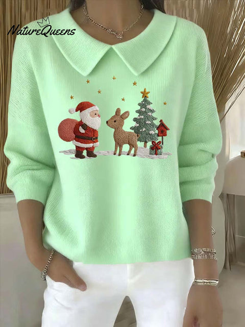 Women's Christmas Pattern Art Casual Peter Pan Collar 3/4 Sleeve Sweater