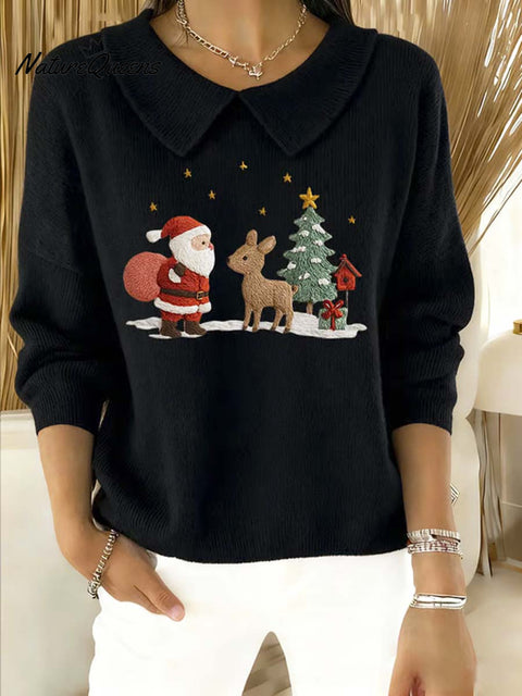 Women's Christmas Pattern Art Casual Peter Pan Collar 3/4 Sleeve Sweater