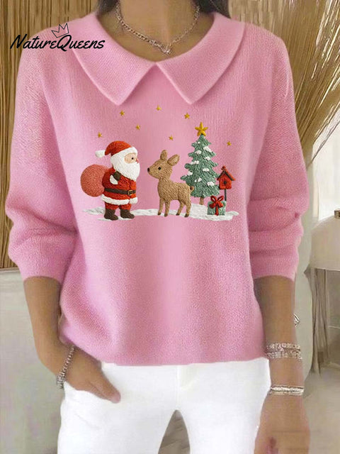 Women's Christmas Pattern Art Casual Peter Pan Collar 3/4 Sleeve Sweater