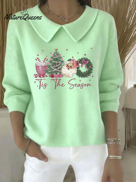 Women's Christmas Pattern Art Casual Peter Pan Collar 3/4 Sleeve Sweater