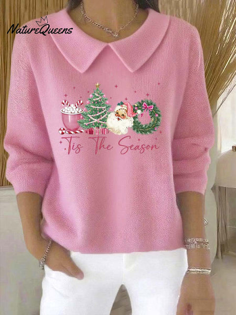Women's Christmas Pattern Art Casual Peter Pan Collar 3/4 Sleeve Sweater