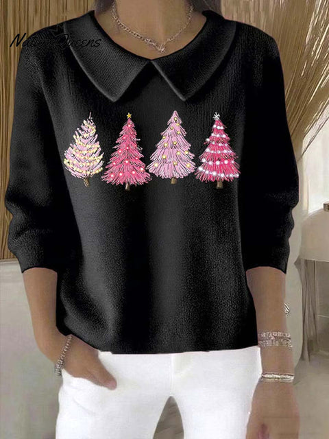 Women's Christmas Tree Pattern Art Casual Peter Pan Collar 3/4 Sleeve Sweater