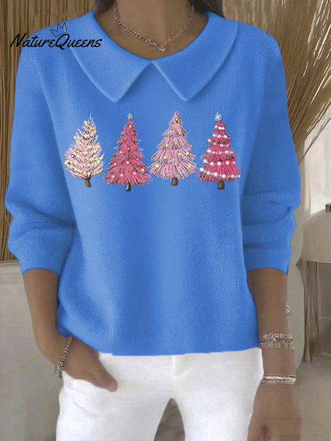 Women's Christmas Tree Pattern Art Casual Peter Pan Collar 3/4 Sleeve Sweater