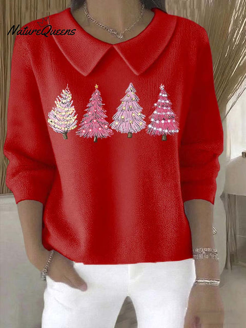 Women's Christmas Tree Pattern Art Casual Peter Pan Collar 3/4 Sleeve Sweater