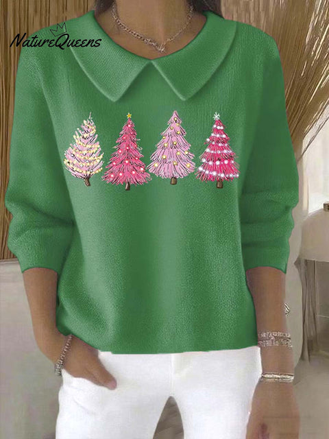 Women's Christmas Tree Pattern Art Casual Peter Pan Collar 3/4 Sleeve Sweater