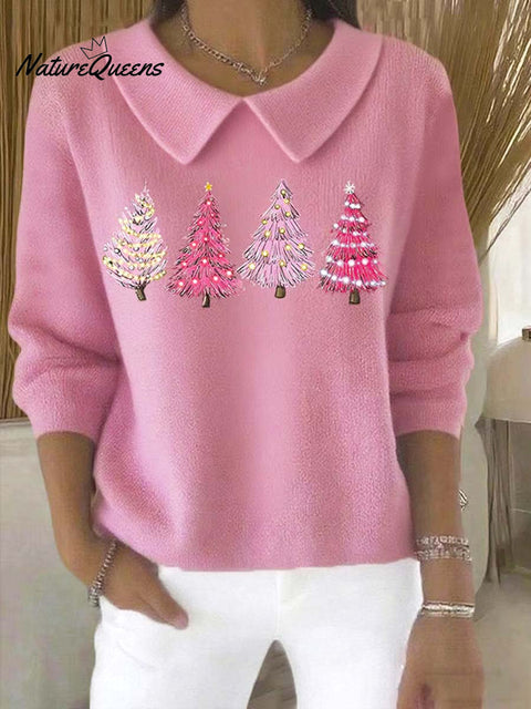 Women's Christmas Tree Pattern Art Casual Peter Pan Collar 3/4 Sleeve Sweater