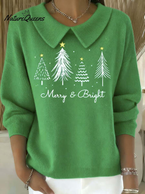 Women's Christmas Tree Pattern Art Casual Peter Pan Collar 3/4 Sleeve Sweater