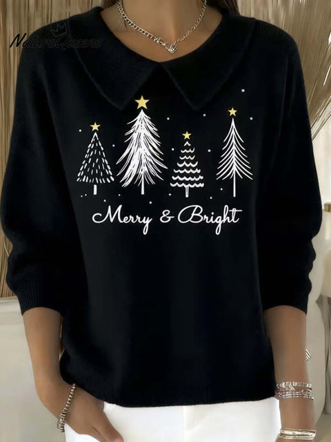 Women's Christmas Tree Pattern Art Casual Peter Pan Collar 3/4 Sleeve Sweater
