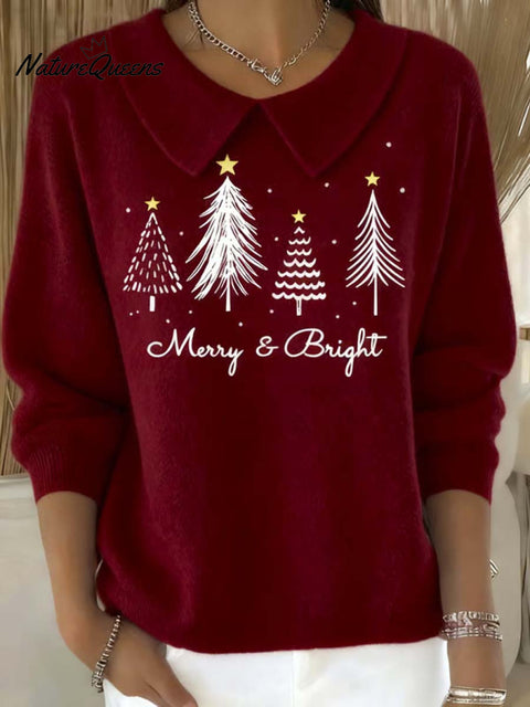 Women's Christmas Tree Pattern Art Casual Peter Pan Collar 3/4 Sleeve Sweater