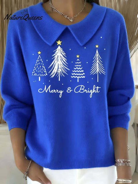 Women's Christmas Tree Pattern Art Casual Peter Pan Collar 3/4 Sleeve Sweater