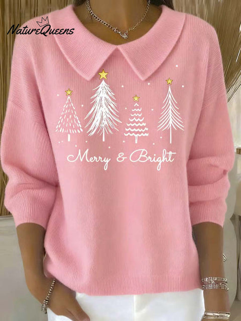 Women's Christmas Tree Pattern Art Casual Peter Pan Collar 3/4 Sleeve Sweater