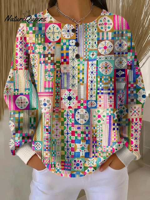 Women's Geometric Pattern Art Print Casual Cotton Waffle Sweatshirt