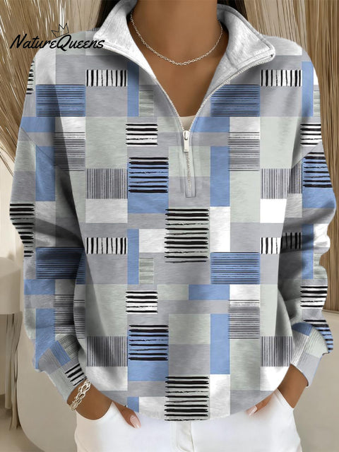 Women's Geometric Pattern Art Print Casual Long Sleeve Zip Sweatshirt