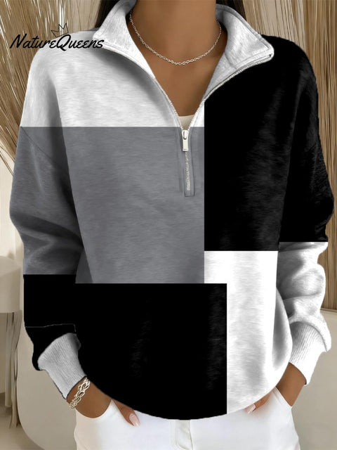 Women's Geometric Pattern Art Print Casual Long Sleeve Zip Sweatshirt