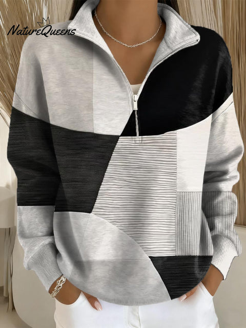 Women's Geometric Pattern Art Print Casual Long Sleeve Zip Sweatshirt