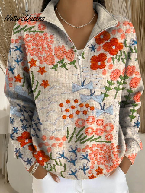 Women's Floral Pattern Art Print Casual Long Sleeve Zip Sweatshirt