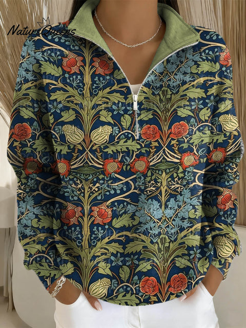 Women's Floral Pattern Art Print Casual Long Sleeve Zip Sweatshirt