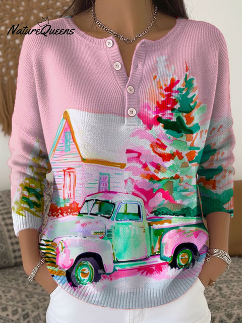 Women's Christmas Tree Pattern Art Print Buttoned Cardigan Sweater