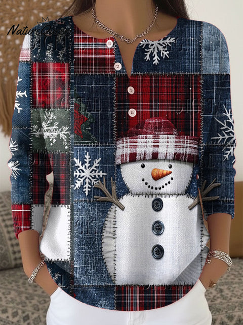 Women's Christmas Snowman Pattern Art Print Buttoned Cardigan Sweater