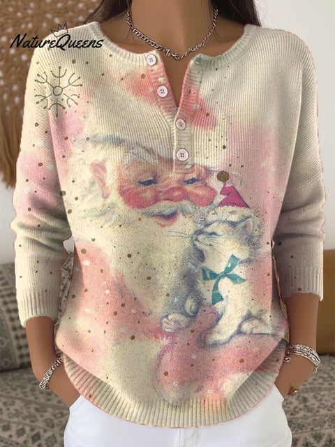 Women's Christmas Santa Pattern Art Print Buttoned Cardigan Sweater