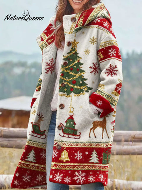 Women's Christmas Pattern Art Print Casual Sherpa Cardigan Coat
