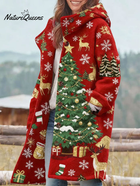 Women's Christmas Pattern Art Print Casual Sherpa Cardigan Coat