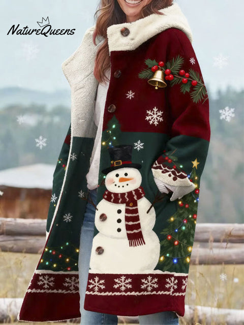 Women's Christmas Snowman Pattern Art Print Casual Sherpa Cardigan Coat