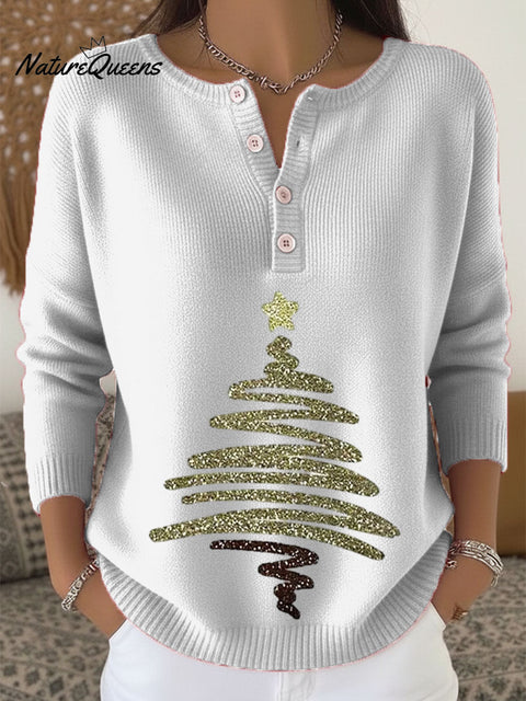 Women's Christmas Tree Pattern Art Print Buttoned Cardigan Sweater
