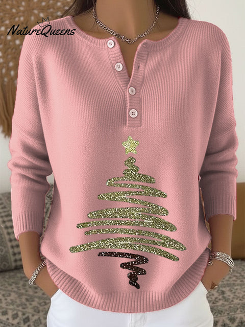 Women's Christmas Tree Pattern Art Print Buttoned Cardigan Sweater
