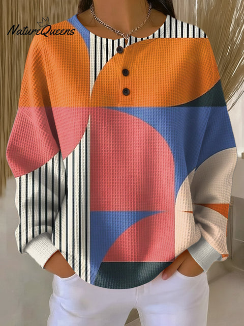 Women's Geometric Pattern Art Print Casual Cotton Waffle Sweatshirt