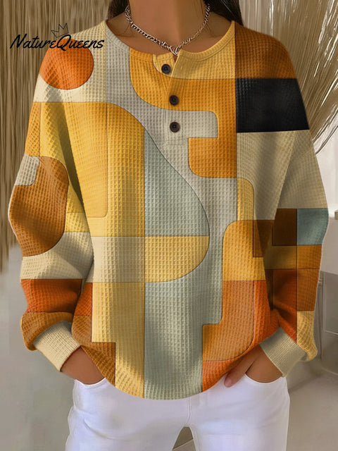 Women's Geometric Pattern Art Print Casual Cotton Waffle Sweatshirt
