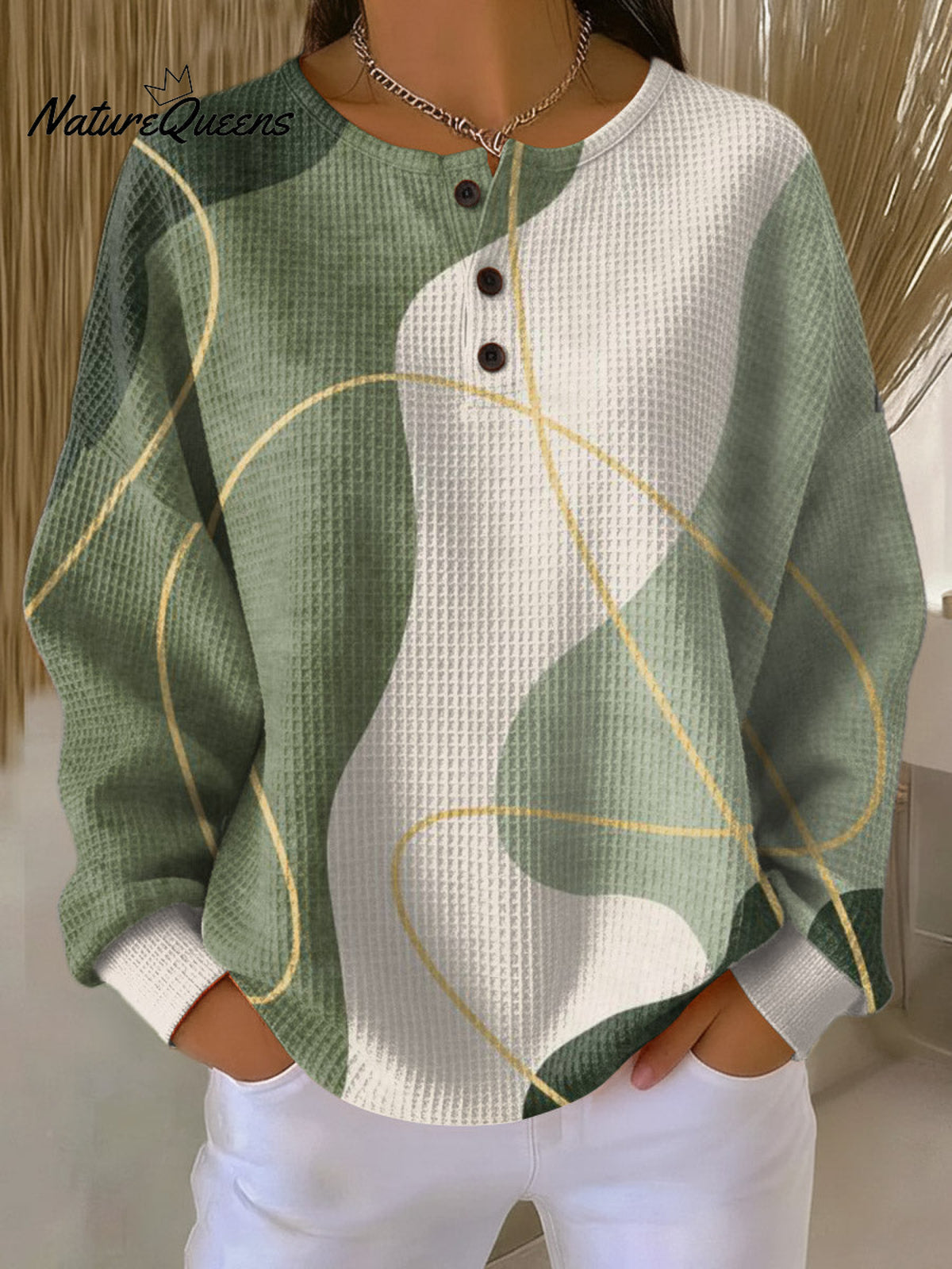 Women's Abstract Pattern Art Print Casual Cotton Waffle Sweatshirt