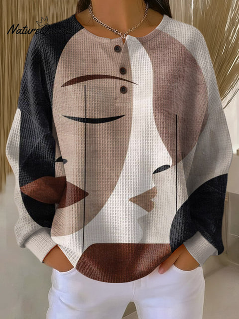 Women's Abstract Figure Pattern Art Print Casual Cotton Waffle Sweatshirt