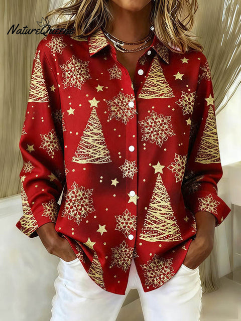 Women's Christmas Tree Pattern Art Print Casual Cotton Shirt