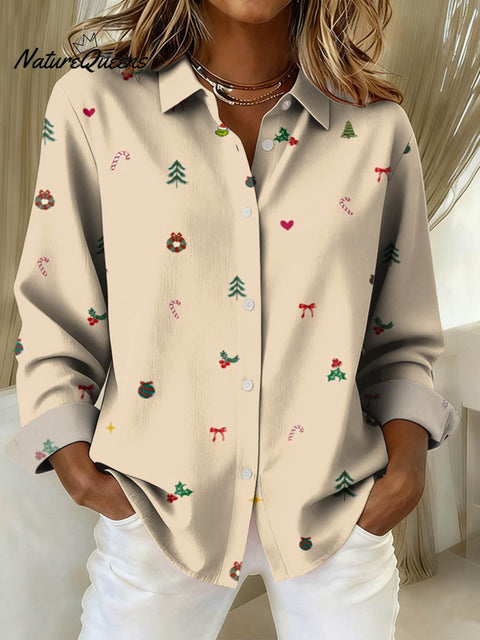 Women's Christmas Pattern Art Print Casual Cotton Shirt