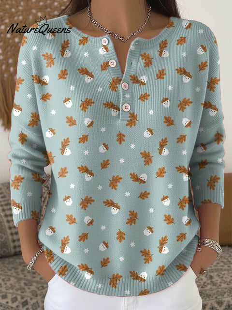 Women's Autumn Pattern Art Print Buttoned Cardigan Sweater