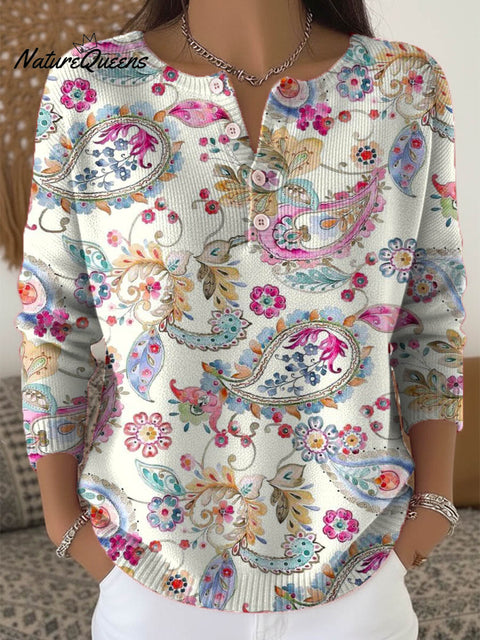 Women's Floral Pattern Art Print Buttoned Cardigan Sweater