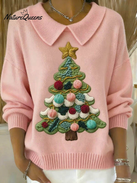 Women's Christmas Tree Art Print Casual Peter Pan Collar 3/4 Sleeve Sweater