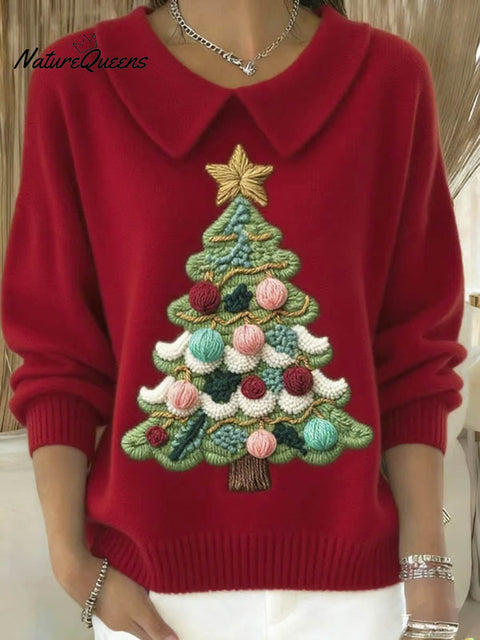 Women's Christmas Tree Art Print Casual Peter Pan Collar 3/4 Sleeve Sweater