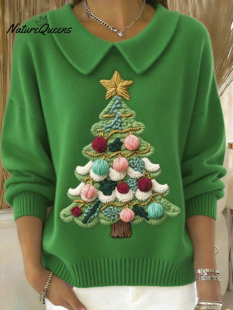 Women's Christmas Tree Art Print Casual Peter Pan Collar 3/4 Sleeve Sweater