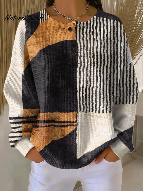 Women's Geometric Pattern Art Print Casual Cotton Waffle Sweatshirt