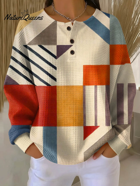 Women's Geometric Pattern Art Print Casual Cotton Waffle Sweatshirt