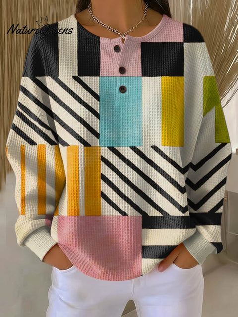 Women's Geometric Pattern Art Print Casual Cotton Waffle Sweatshirt