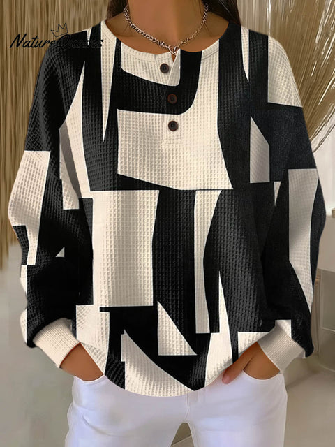 Women's Geometric Pattern Art Print Casual Cotton Waffle Sweatshirt