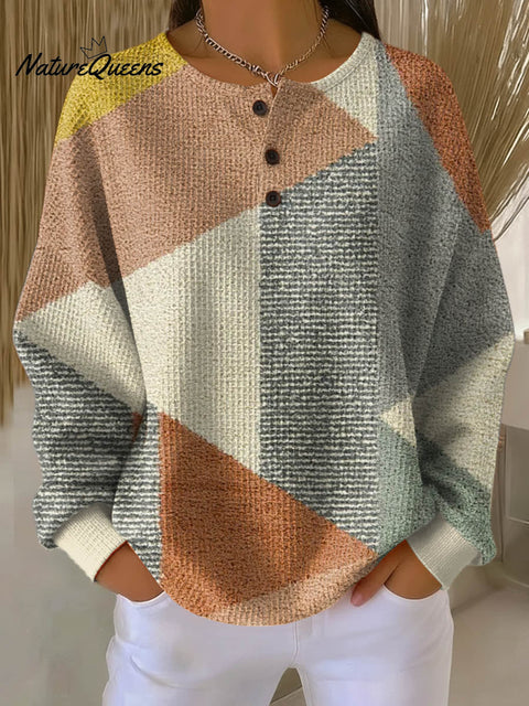 Women's Geometric Pattern Art Print Casual Cotton Waffle Sweatshirt
