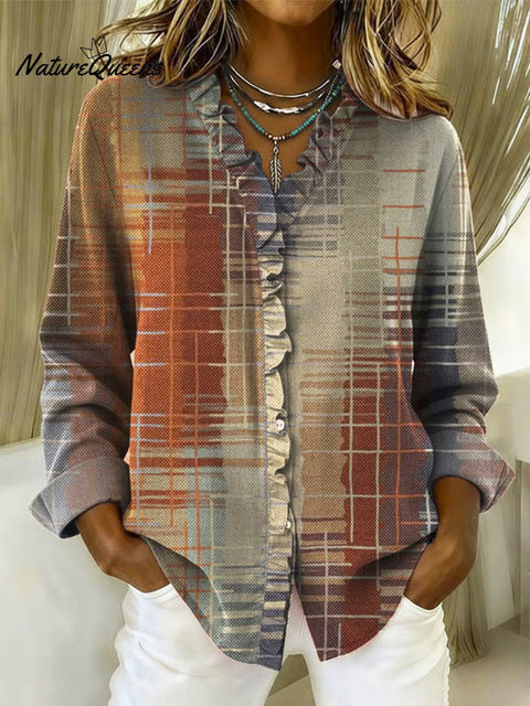 Women's Abstract Pattern Art Print Casual Cotton And Linen Ruffle Shirt